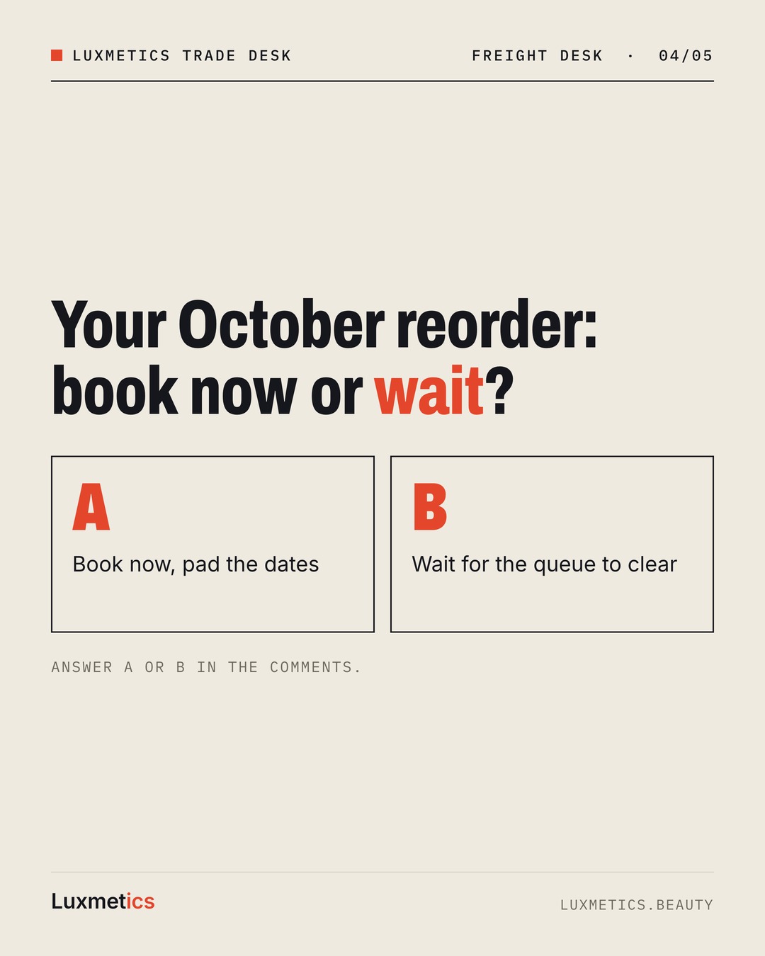 Carousel card asking spa owners whether to book an October reorder now or wait for the port queue to clear