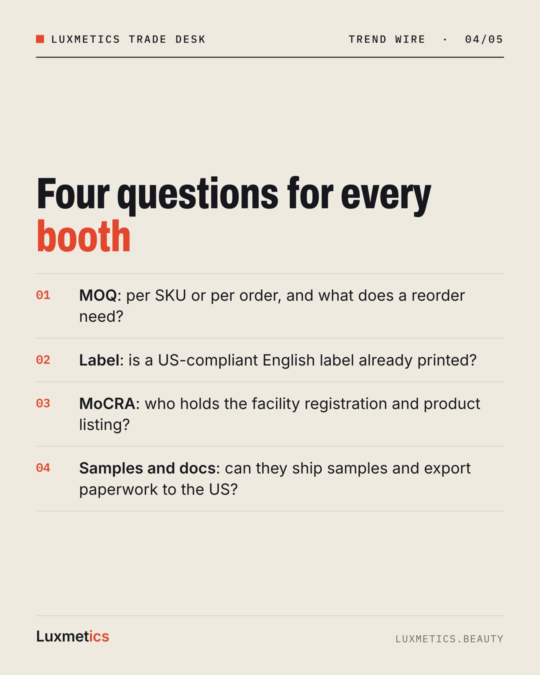 List card with four questions for every booth: MOQ, US label, MoCRA listing, samples and export documents