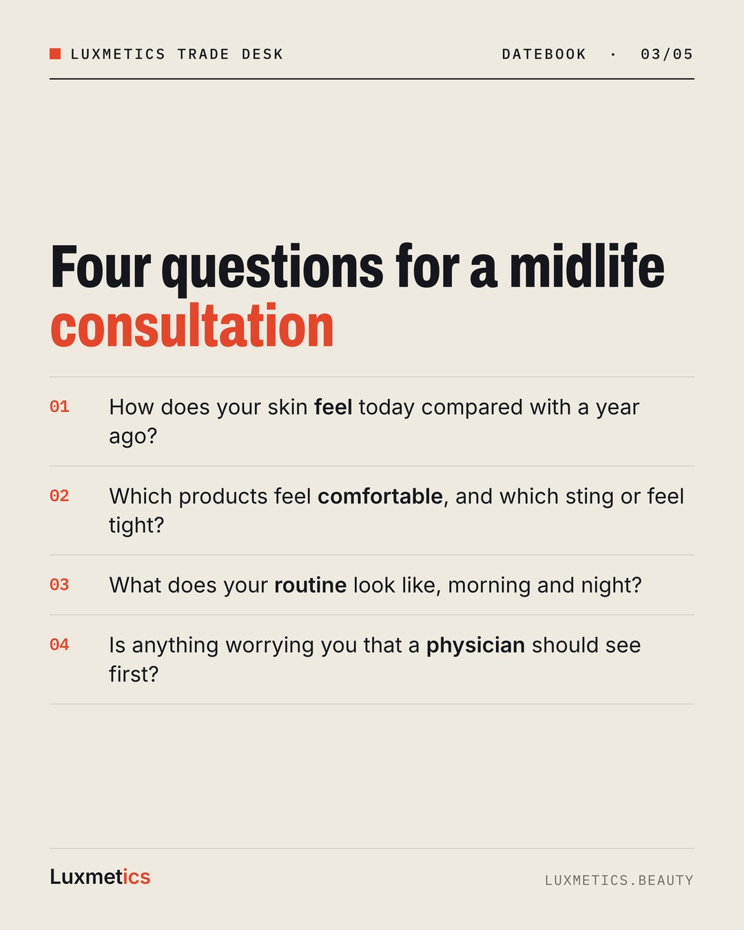 List card with four consultation questions for midlife clients, ending with whether a physician should see anything first