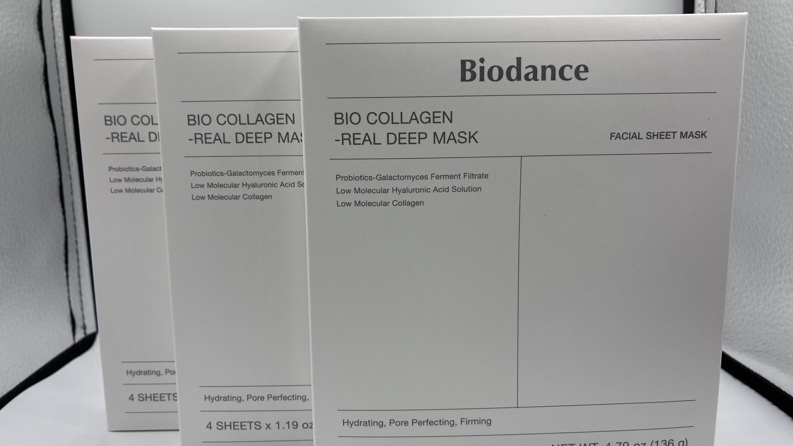 Three boxes of Biodance Bio Collagen Real Deep Mask in a lightbox