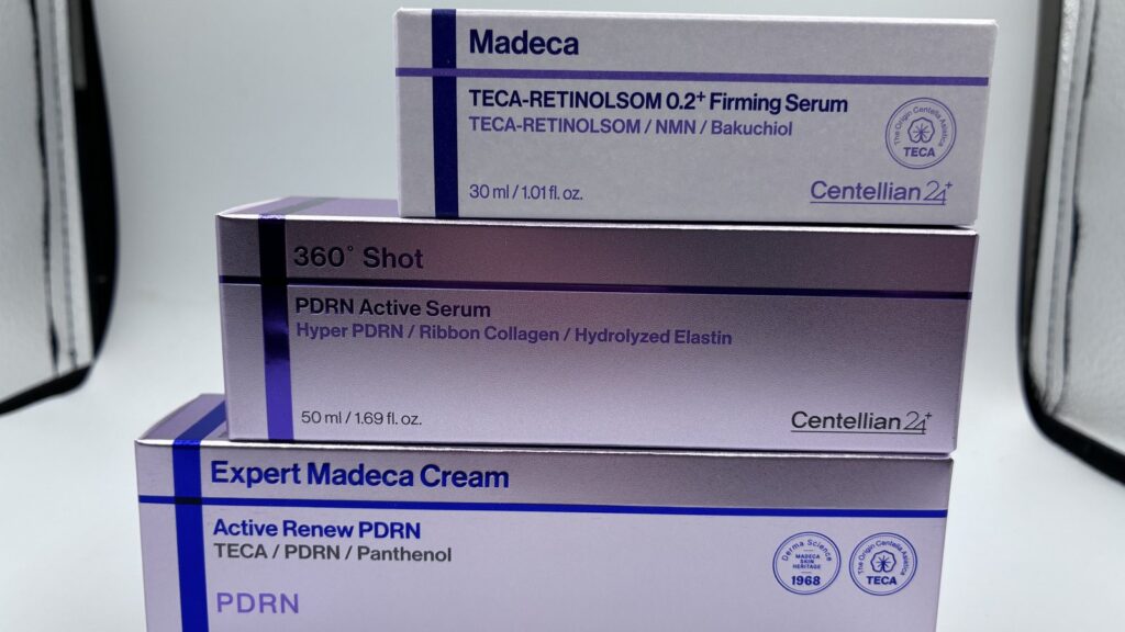 Three Centellian24 boxes: TECA-Retinolsom Firming Serum, 360 Shot PDRN Active Serum and Expert Madeca Cream Active Renew PDRN