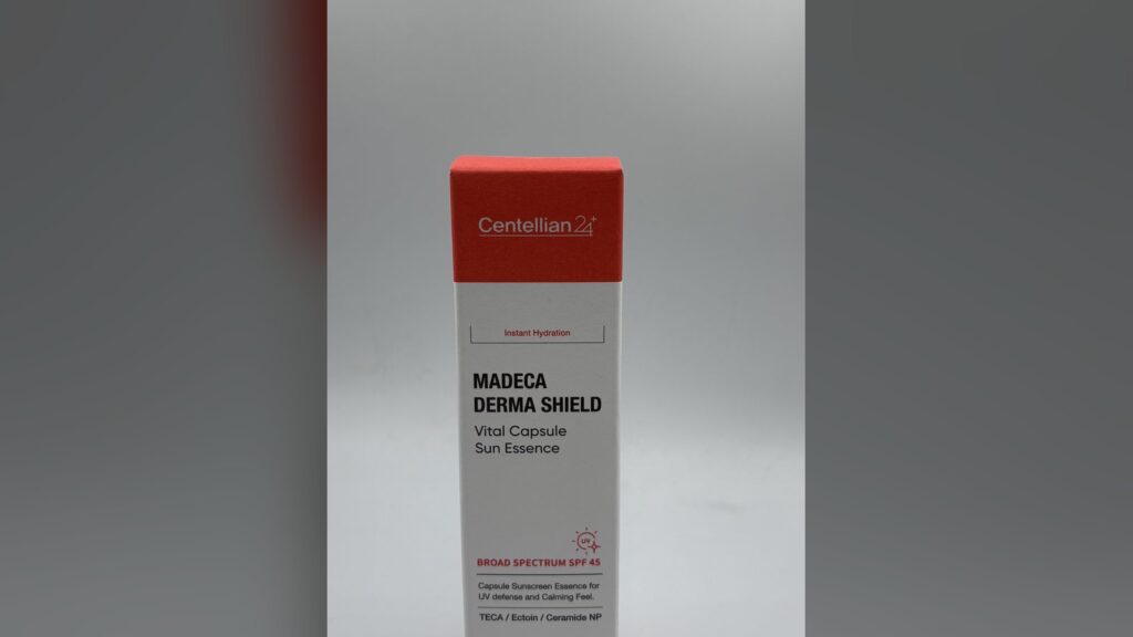 Centellian24 Madeca Derma Shield Vital Capsule Sun Essence box labeled Broad Spectrum SPF 45 and Net Wt. 40 ml