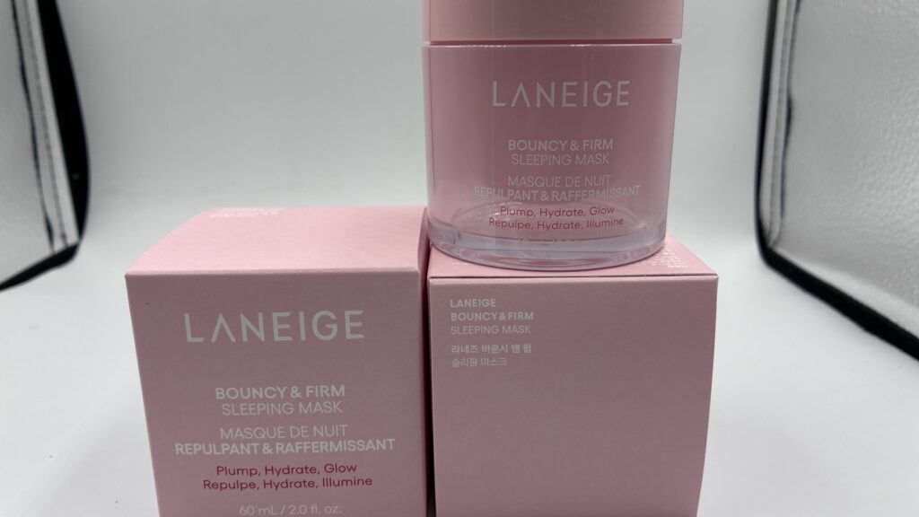 Laneige Bouncy and Firm Sleeping Mask jar and trilingual English, French and Korean box