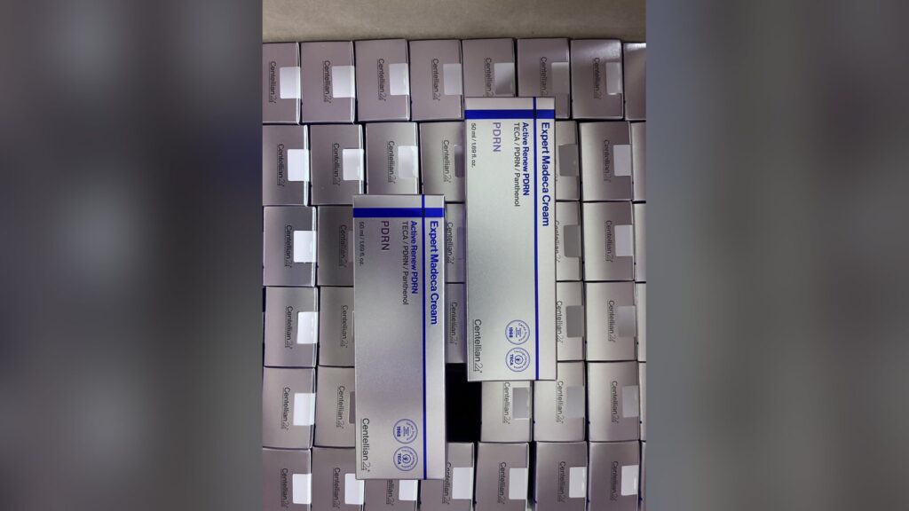 Master carton of Centellian24 Expert Madeca Cream unit boxes on a warehouse floor