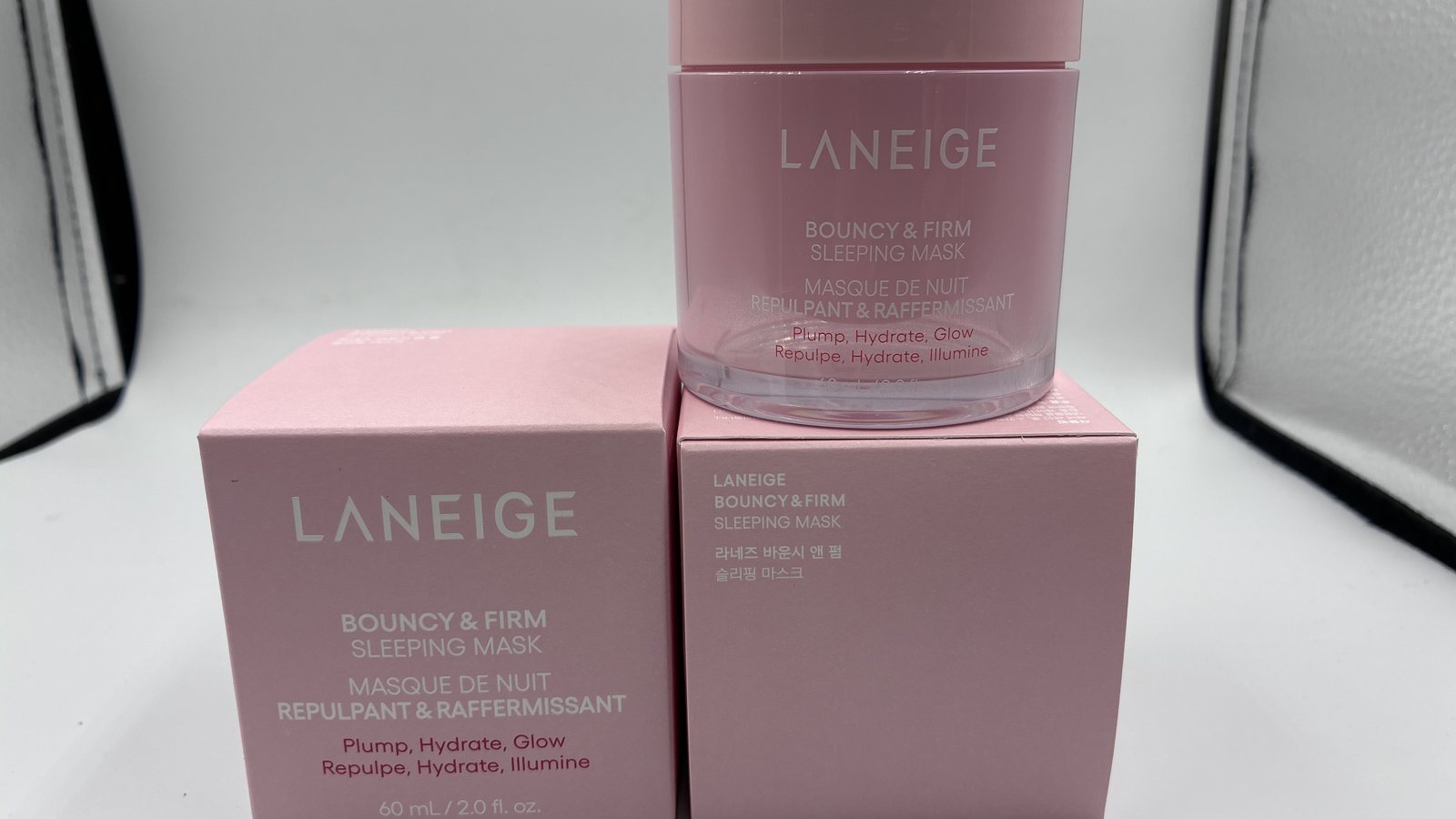 Laneige Bouncy and Firm Sleeping Mask jar labeled Plump, Hydrate, Glow